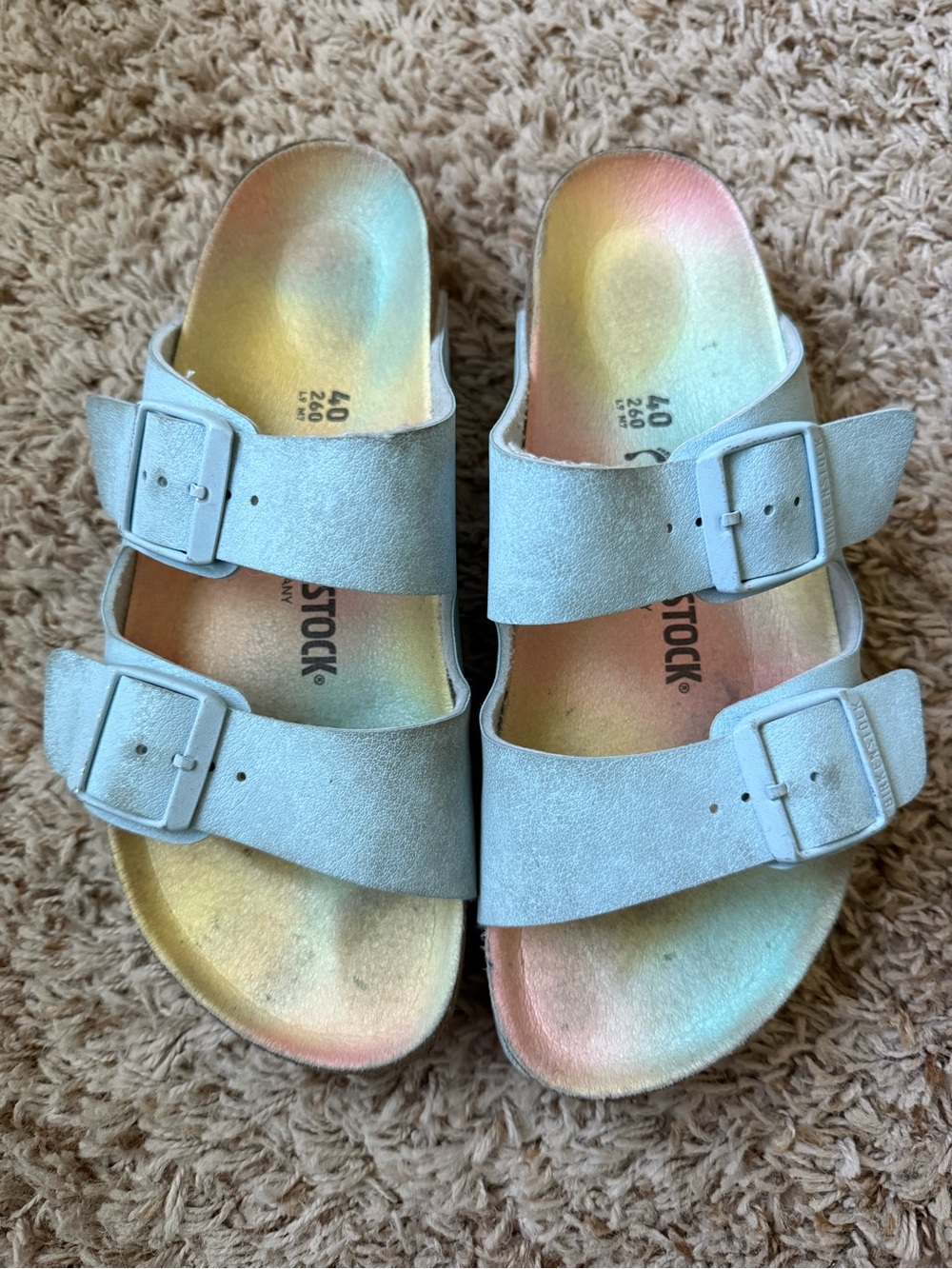 Birkenstock Light Blue Suede Two-Strap Sandals with Rainbow Footbed